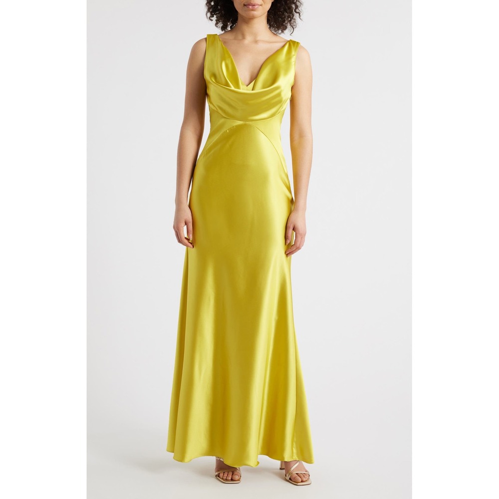Vince Camuto Womens Draped Cowl Neck Satin Gown Yellow Size 14 NWT